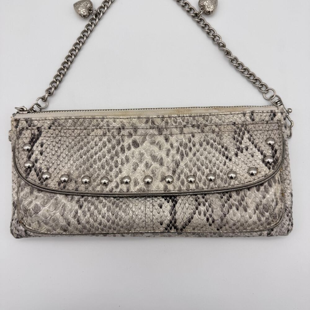 Kathy Van Zeeland Y2K Shoulder Clutch Bag Snakeskin Studded Chain Heart Charms - Picture 6 of 16